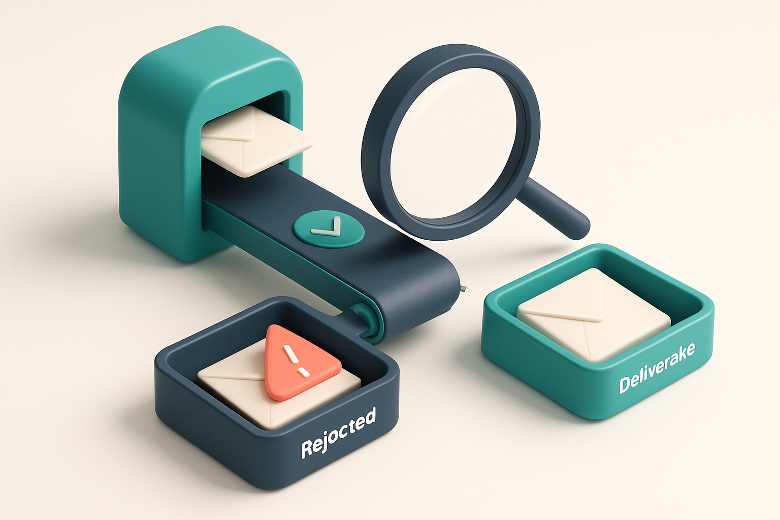 An isometric inbox with envelopes being pushed through a conveyor belt marked 'Verified', where valid addresses land in