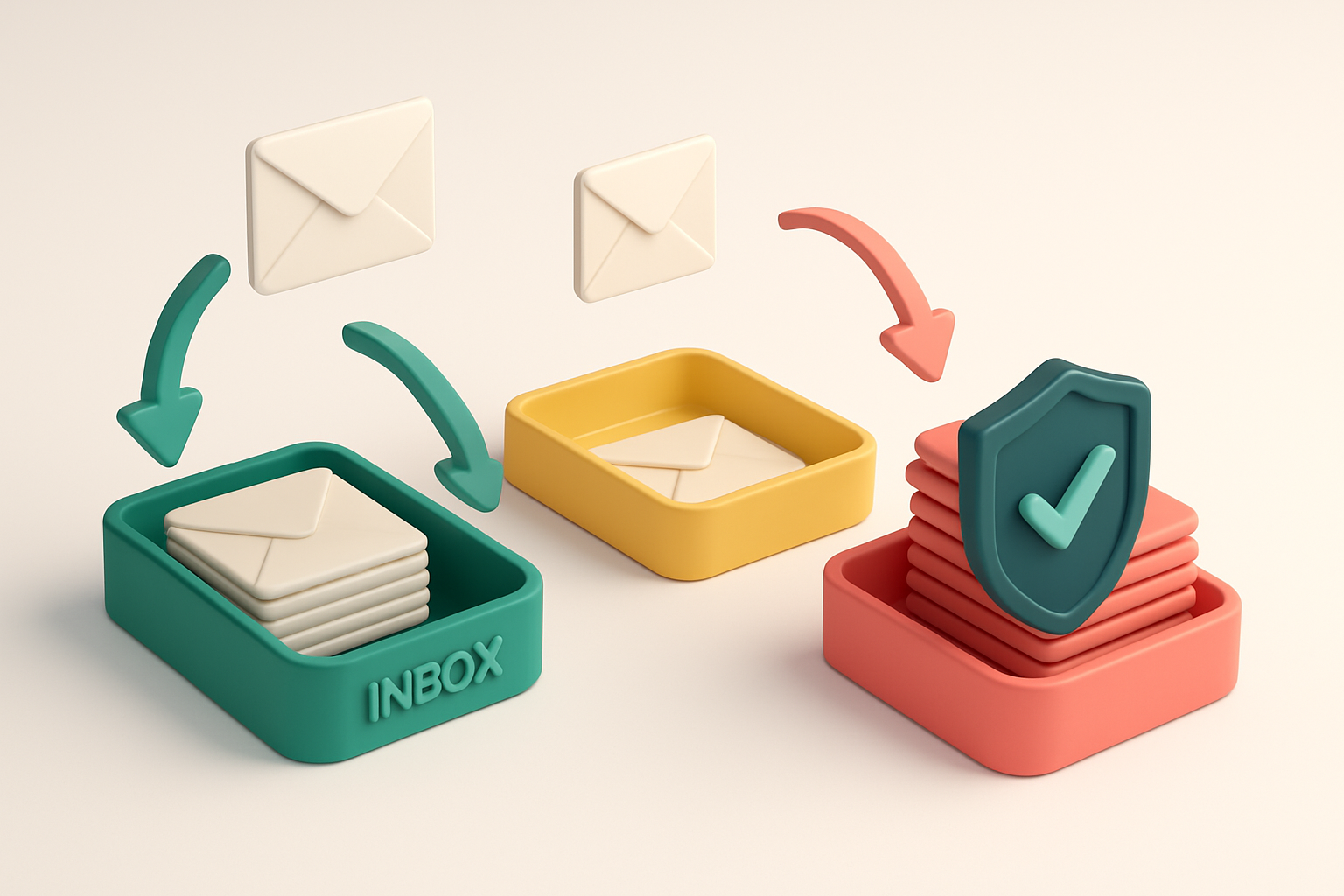An isometric email inbox with envelopes being sorted onto a green 'inbox' tray and a red 'spam' tray, with a yellow 'cat