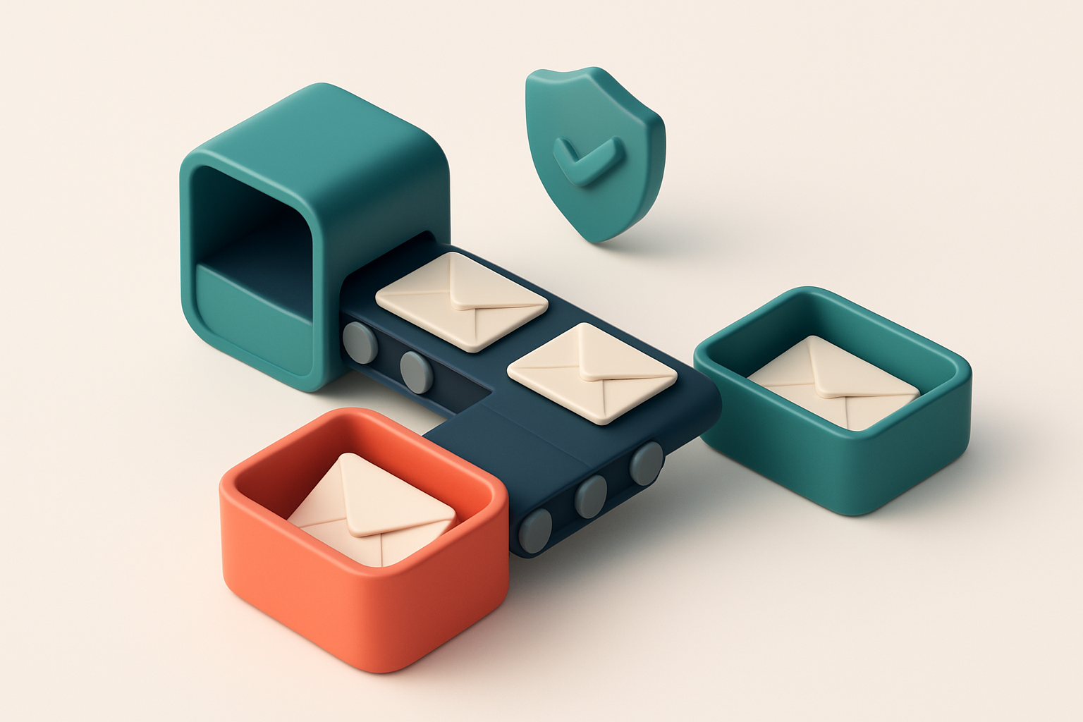 An isometric email inbox with a conveyor belt feeding envelopes labeled 'duplicate' into a red 'reject' bin and envelope