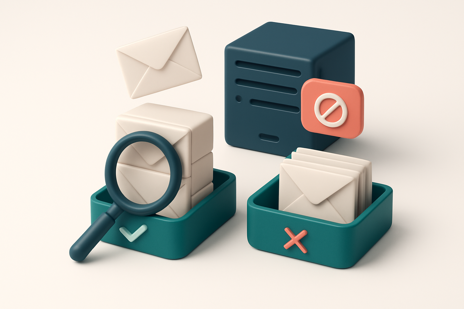 an isometric email inbox with envelopes being sorted onto a green 'valid' tray and a red 'invalid' tray, a magnifying gl