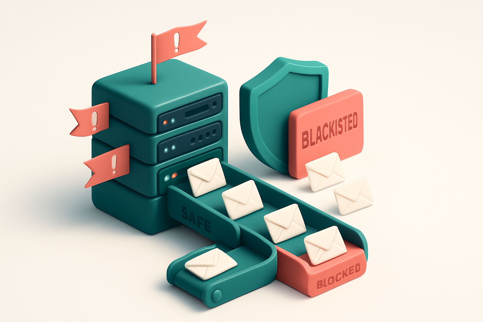 An isometric email server rack with red warning banners flying from servers, a green shield blocking a red 'BLACKLISTED'