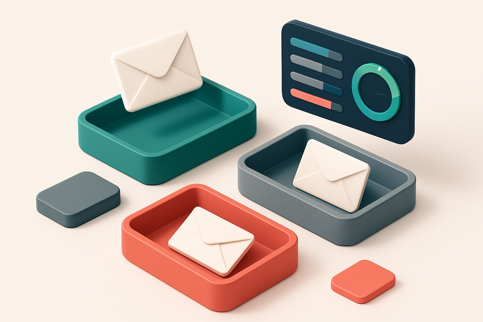 An isometric email inbox with envelopes being sorted onto a green 'valid' tray and a red 'invalid' tray, a gray 'risky'