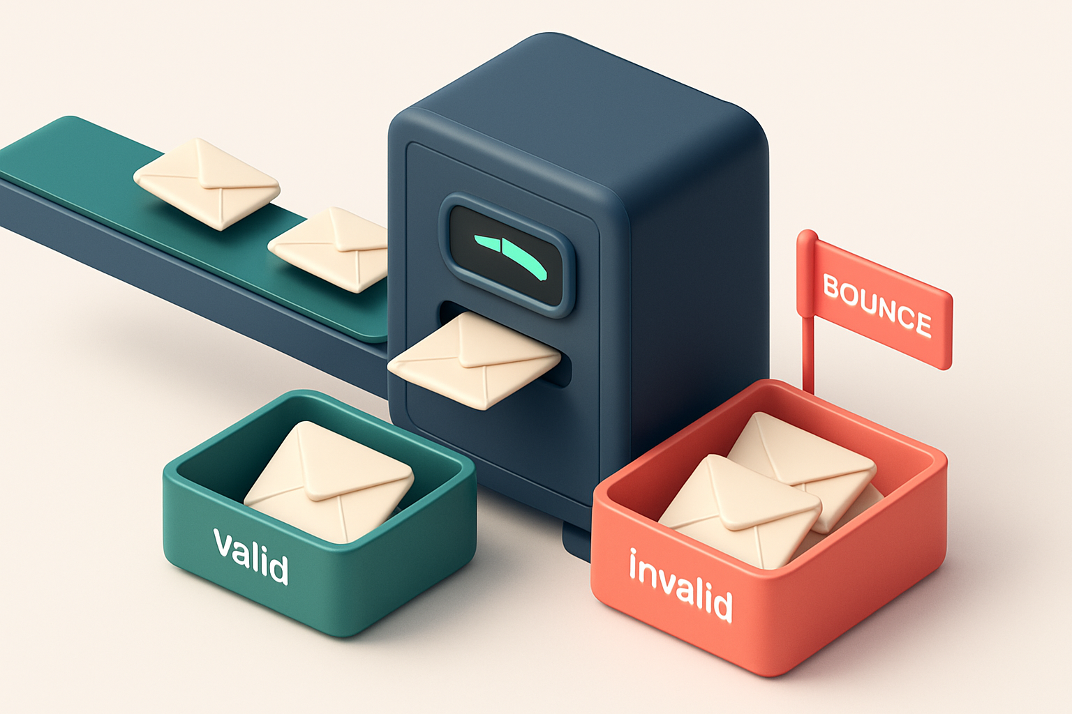 An isometric server rack with small envelope packets flowing in from a left-side conveyor, sorted into two trays: a gree