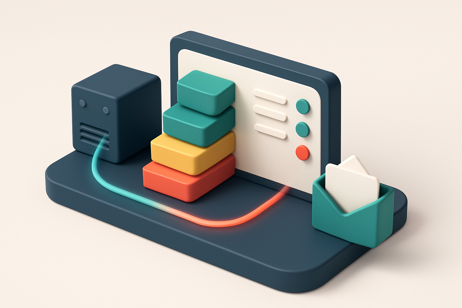 An isometric email verification dashboard with a green 'valid' stack, a red 'invalid' stack, and a yellow 'risky' stack;