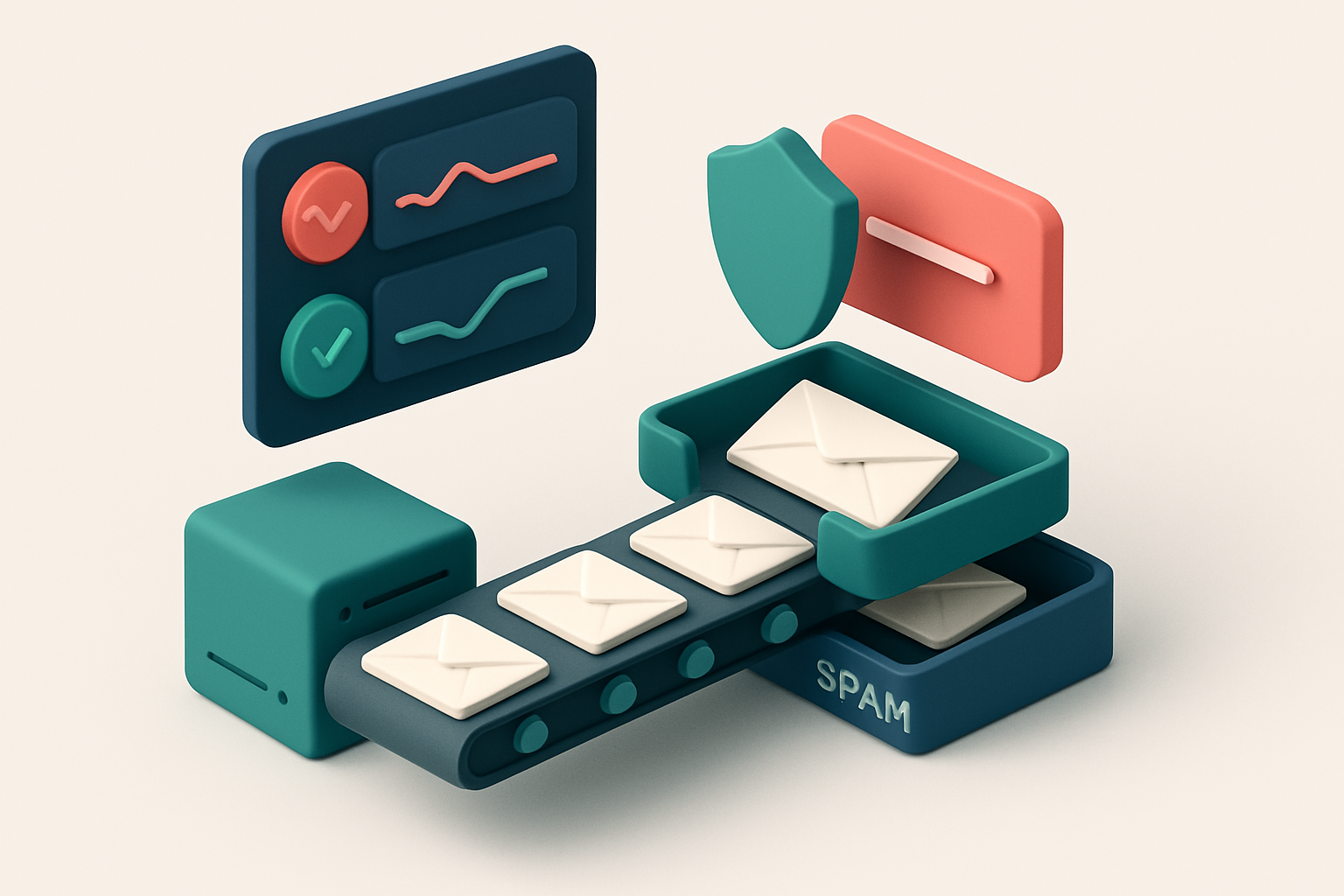 An isometric scene of a logistics dashboard showing a red 'bounce' signal and a green 'deliverable' signal, with a conve