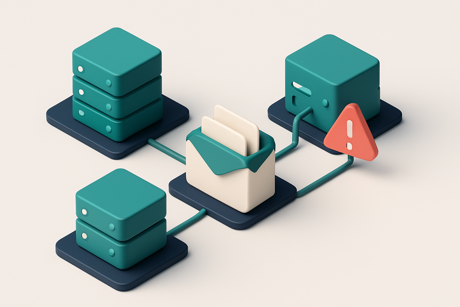 An isometric view of a networked server farm with labeled sending IPs, a central email mailbox receiving messages, and a