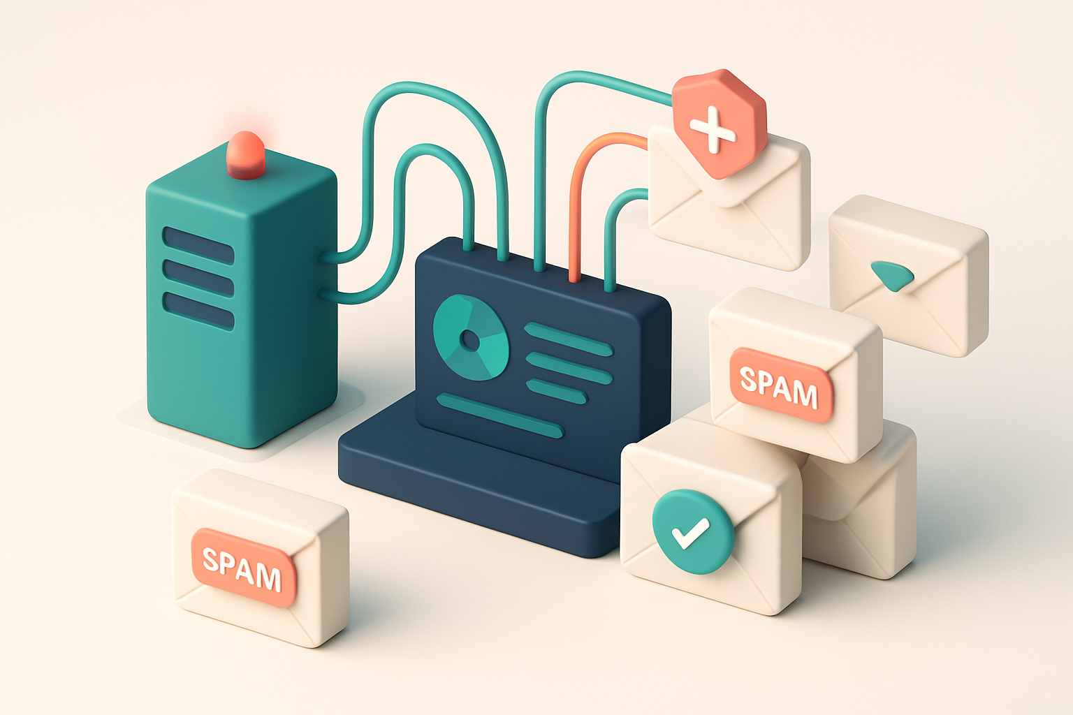 An isometric view of a centralized telecom network dashboard with colored signal lines flowing into a cluster of email i