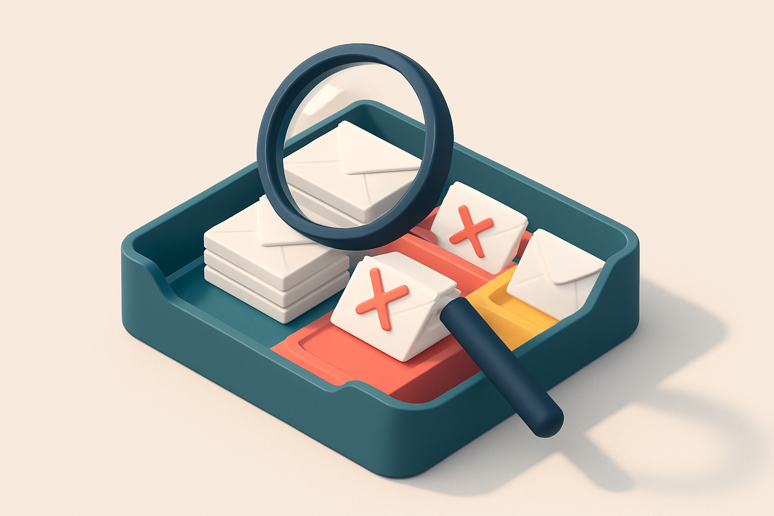 An isometric email inbox tray divided into three zones: a green 'valid' zone with envelopes, a red 'invalid' zone with c