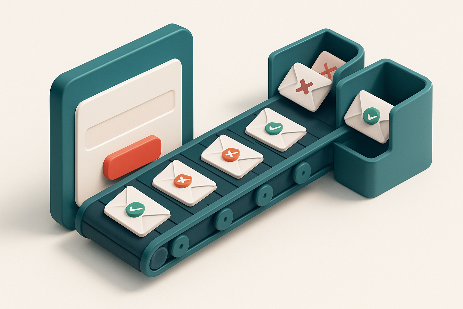 An isometric email form with a red 'submit' button, a conveyor belt sending a stream of envelopes—some marked with 'inva