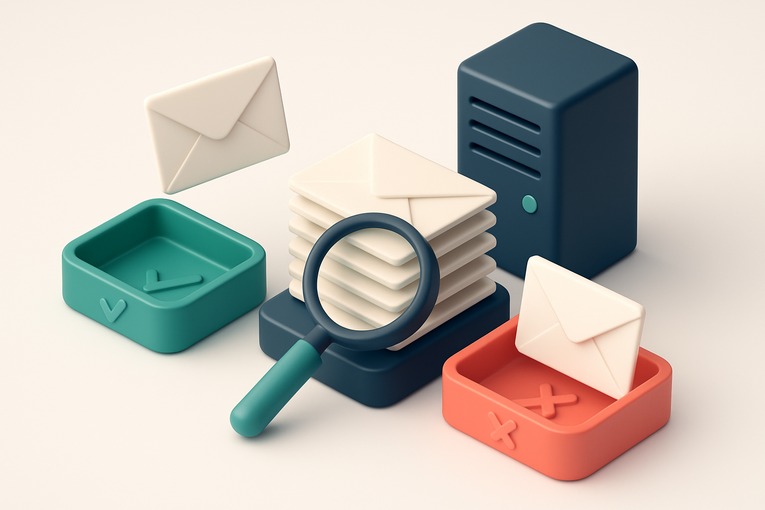 An isometric email inbox with envelopes being sorted onto a green 'valid' tray and a red 'invalid' tray, a magnifying gl