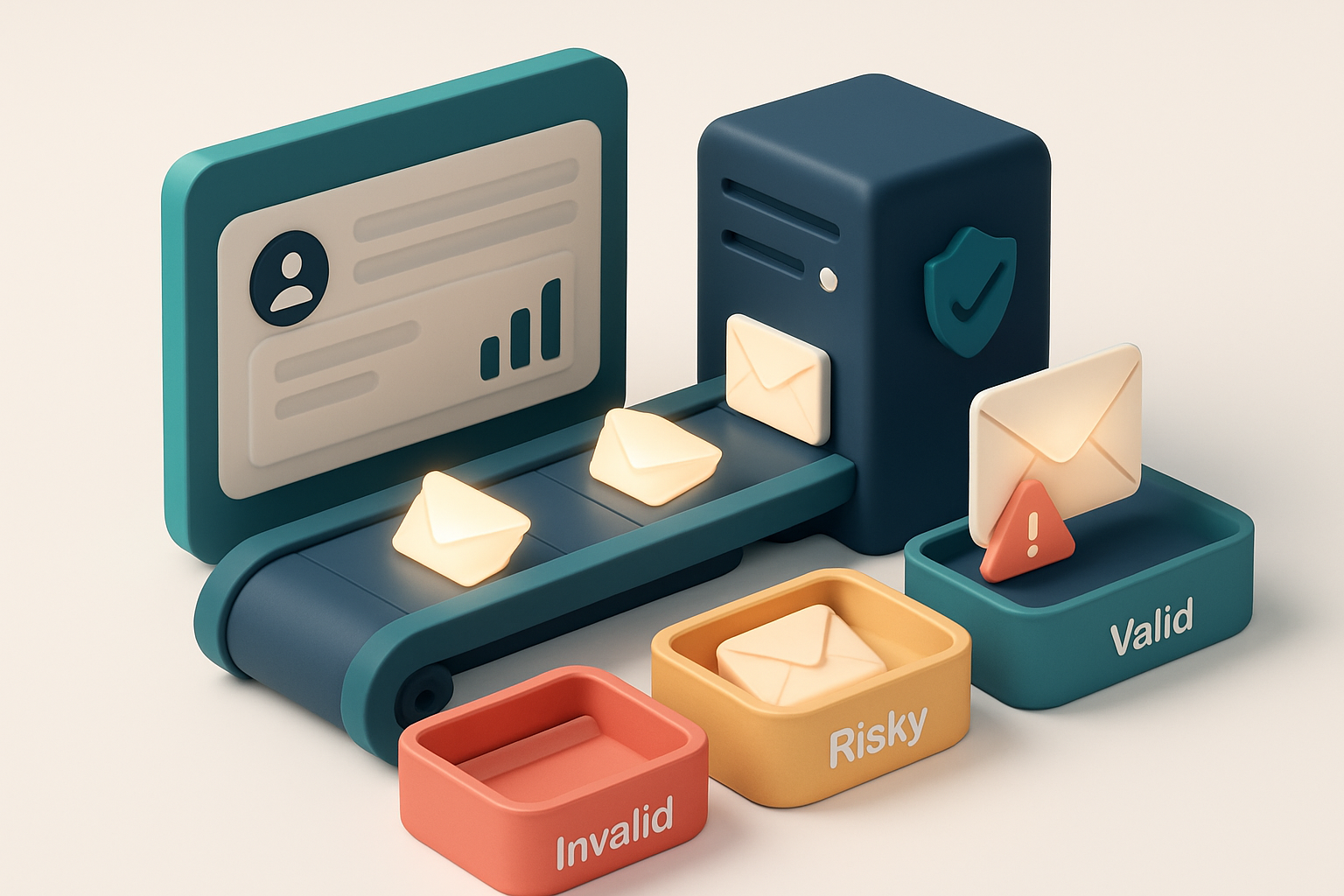 An isometric illustration of a gym membership dashboard with a conveyor belt moving glowing email envelopes into a green