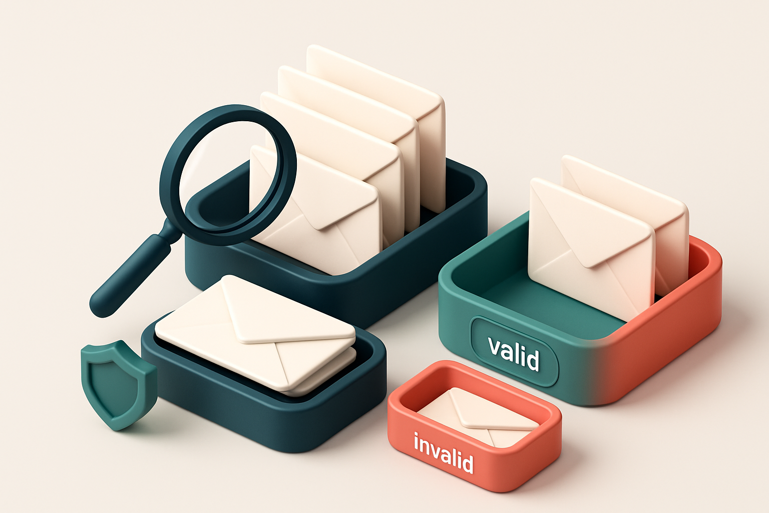 An isometric email inbox with envelopes being sorted onto a green 'valid' tray and a red 'invalid' tray, a magnifying gl