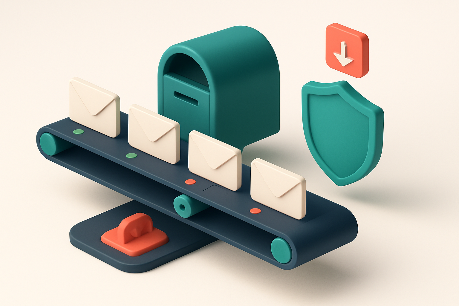 An isometric illustration of a digital gym email campaign: a conveyor belt carries envelopes labeled 'valid', 'catch-all