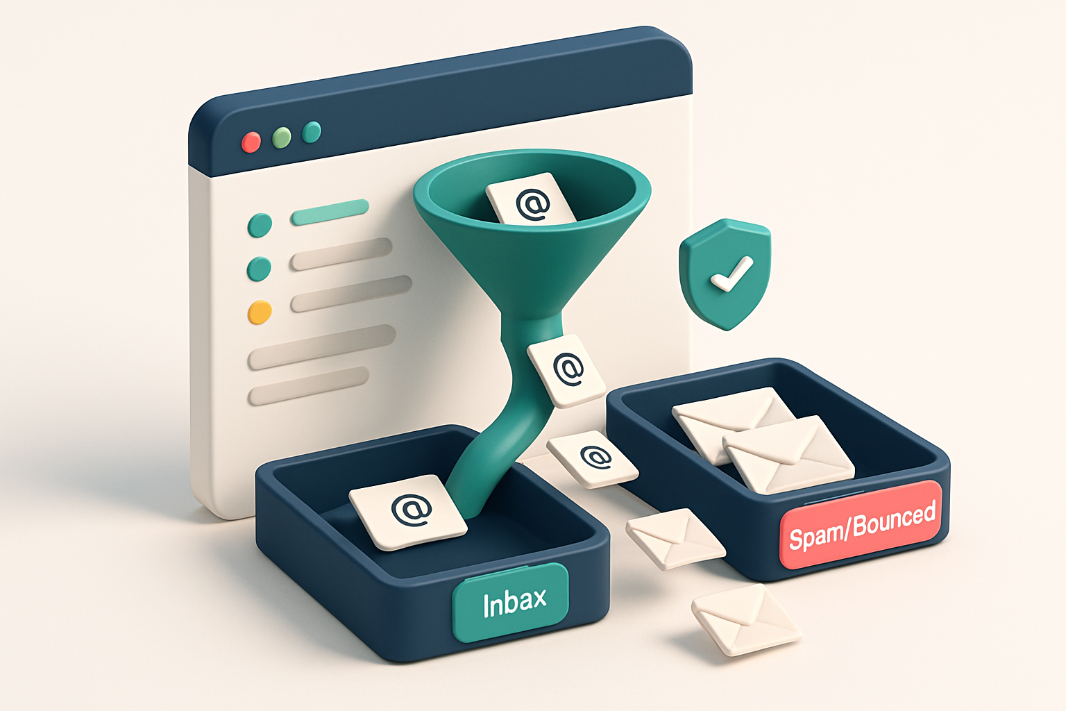 An isometric illustration of a central Monday.com dashboard showing a green workflow funnel with email addresses flowing