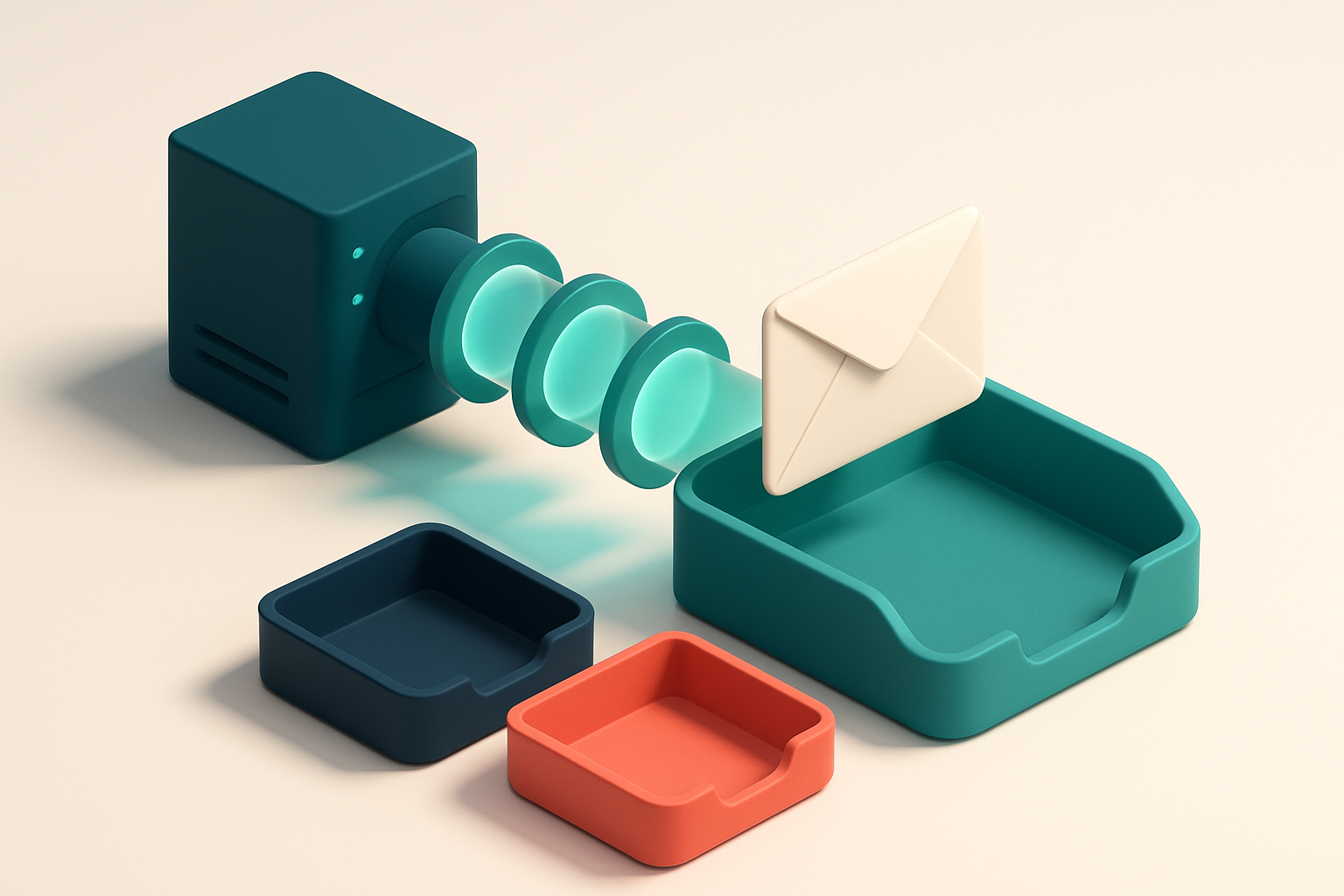 Hero: an isometric email message flying from a server through a tunnel of glowing filters and emerging into a green inbo