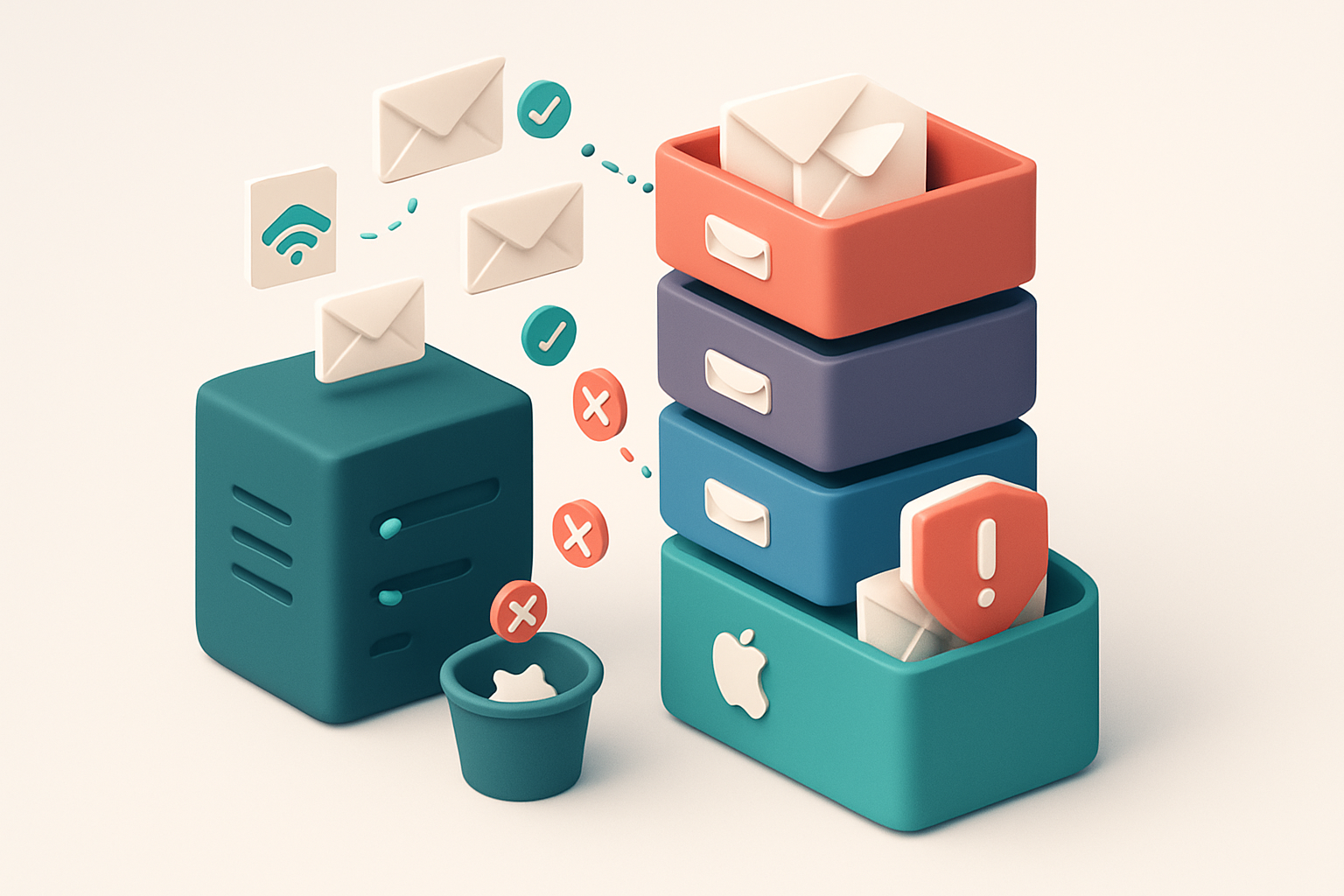 An isometric email inbox tower with multiple colored inboxes—Gmail, Yahoo, Outlook, Apple Mail—each receiving test email