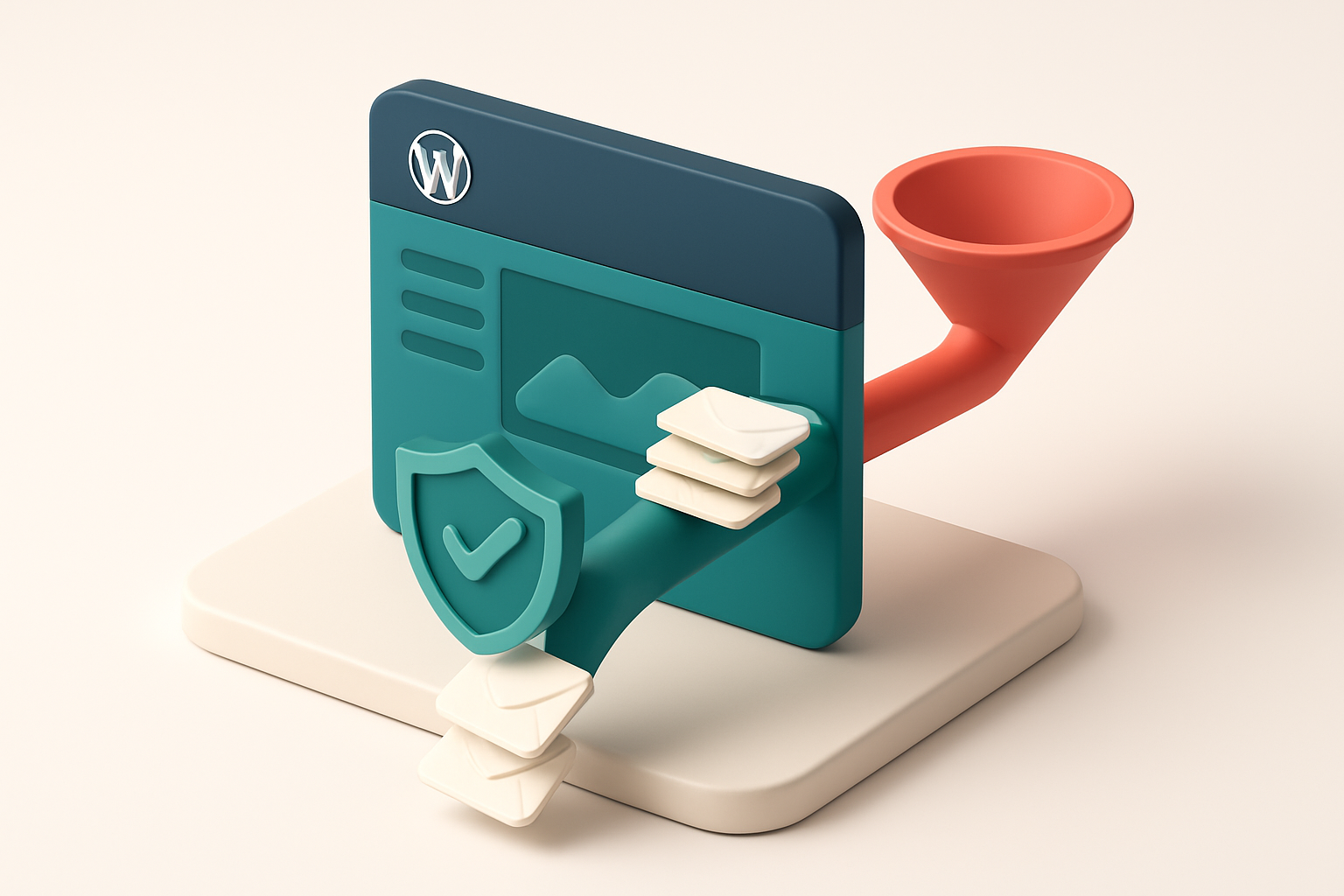 An isometric illustration of a WordPress dashboard with a green 'deliverable' funnel, a red 'blocked' funnel, and a stac