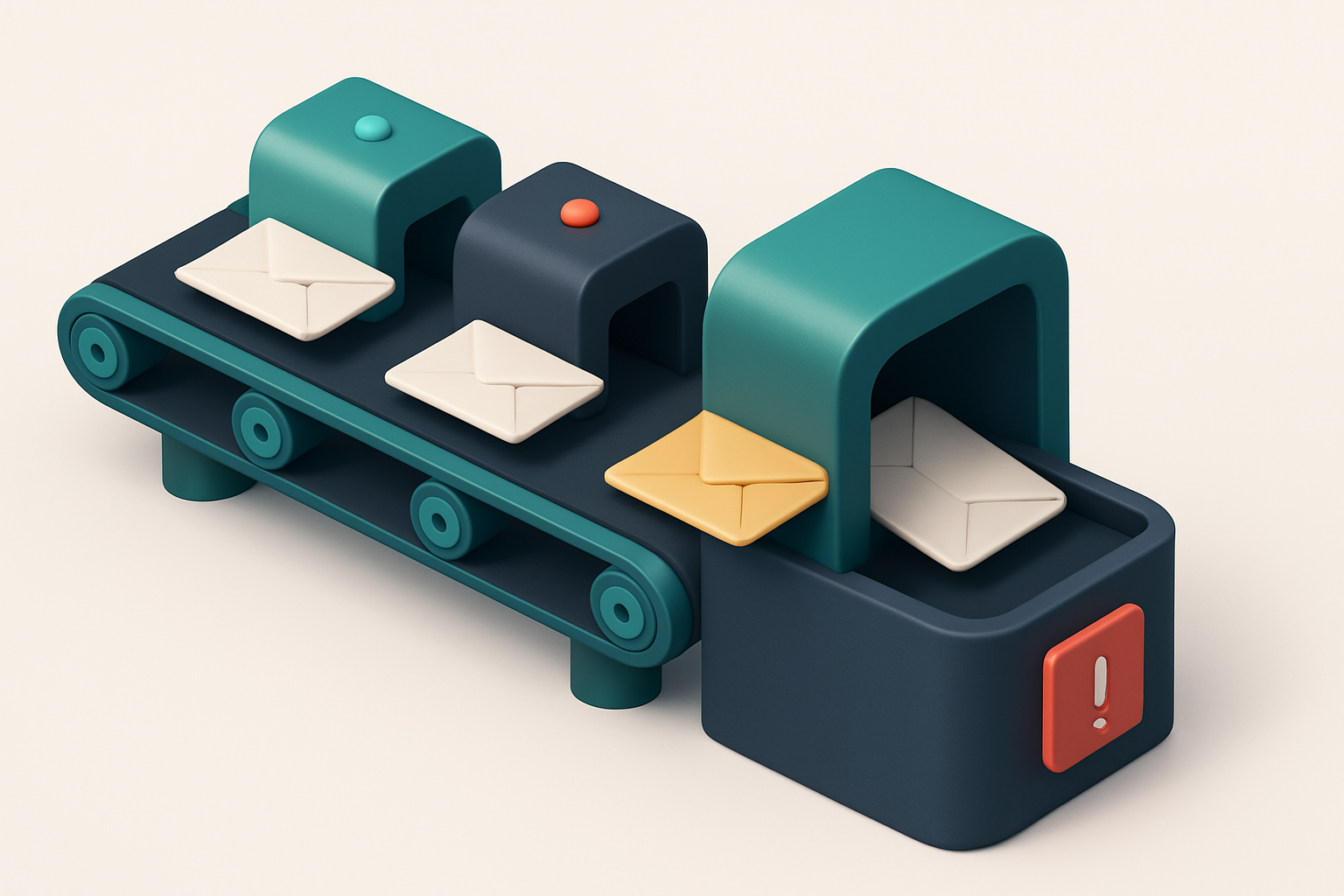 An isometric view of a high-speed conveyor belt moving envelopes through a multi-zone inspection station: green 'valid'