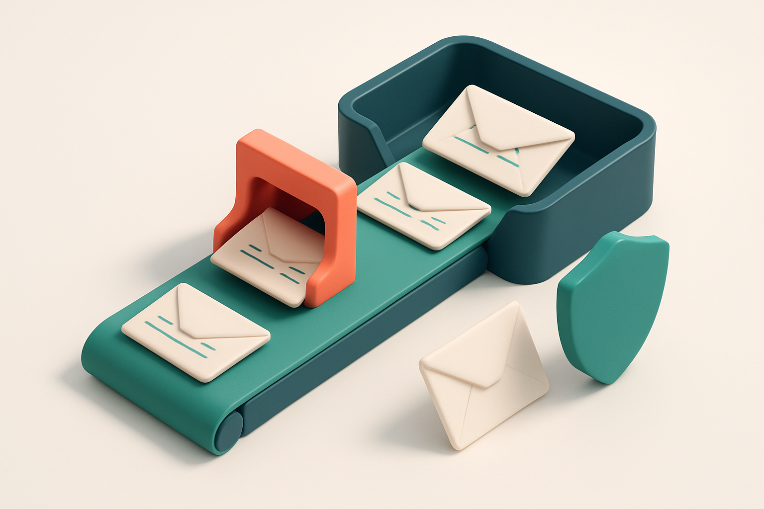 An isometric view of a green conveyor belt moving envelopes labeled with email addresses into a large inbox, while a red