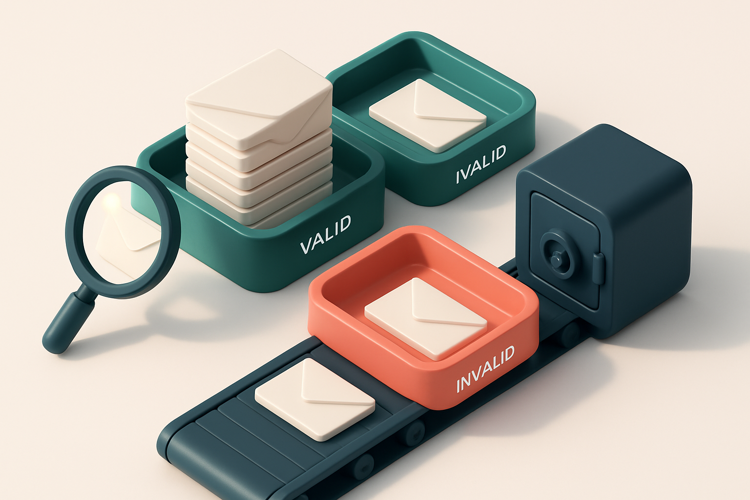an isometric email inbox with envelopes being sorted onto a green 'valid' tray and a red 'invalid' tray, a magnifying gl