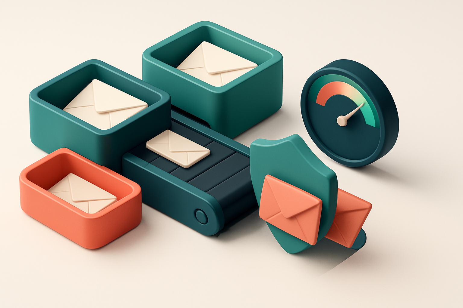 An isometric inbox with a conveyor belt feeding envelopes into green 'valid' trays and red 'invalid' trays, a shield blo