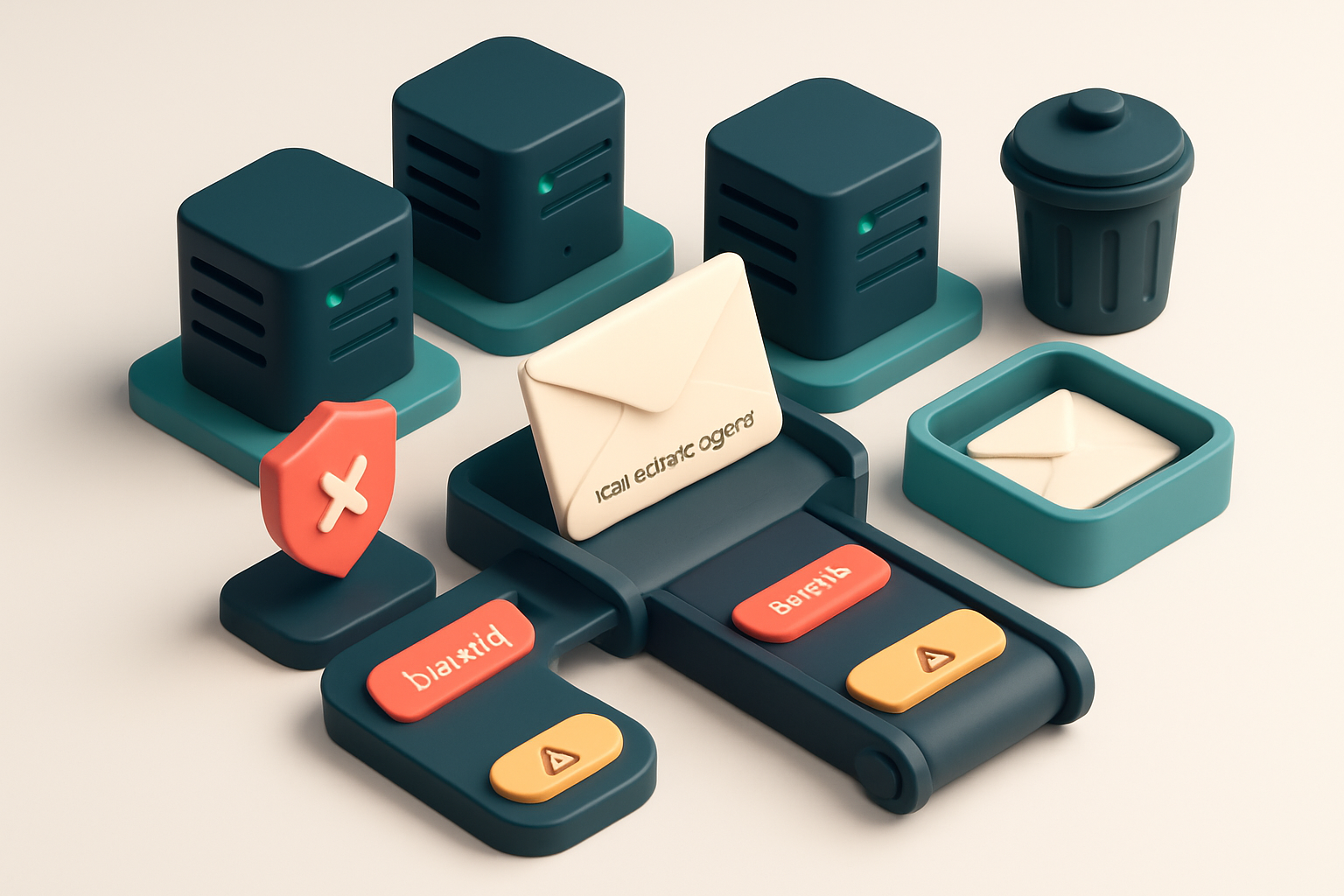An isometric scene showing a network of interconnected email servers, where an envelope labeled 'real estate agent' move