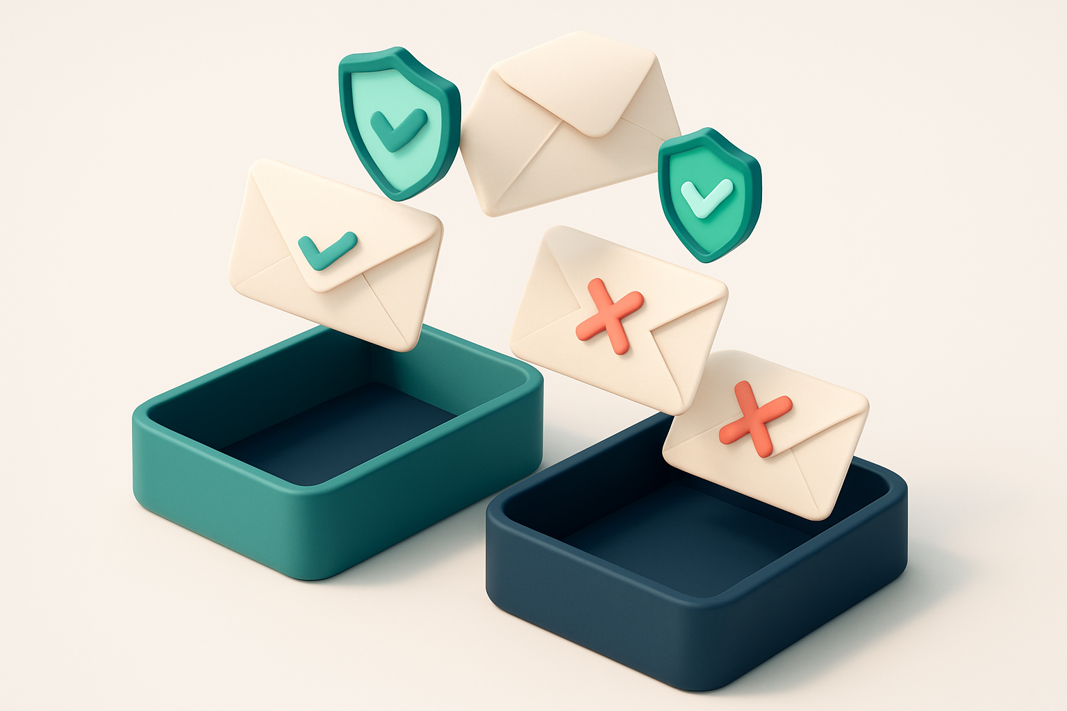 An isometric illustration of a digital inbox stack with envelopes labeled 'Gmail', 'Outlook', 'Yahoo', and 'Apple Mail'.