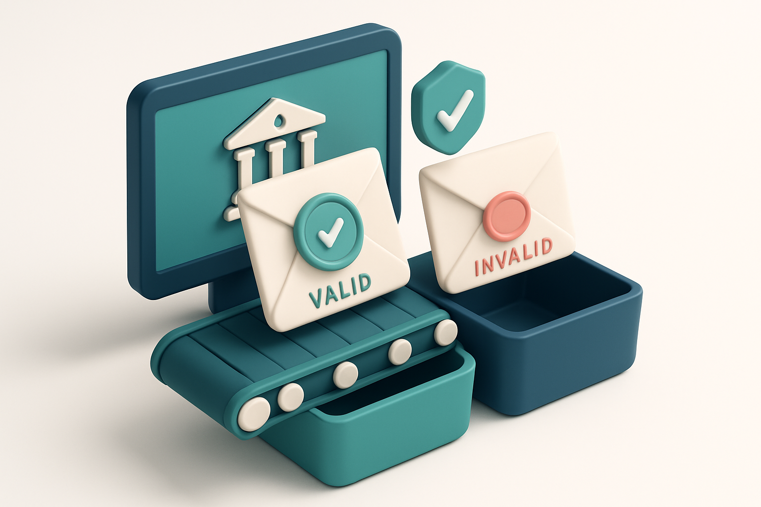 An isometric university application portal with a green 'valid' stamp on a digital submission envelope, a red 'invalid'