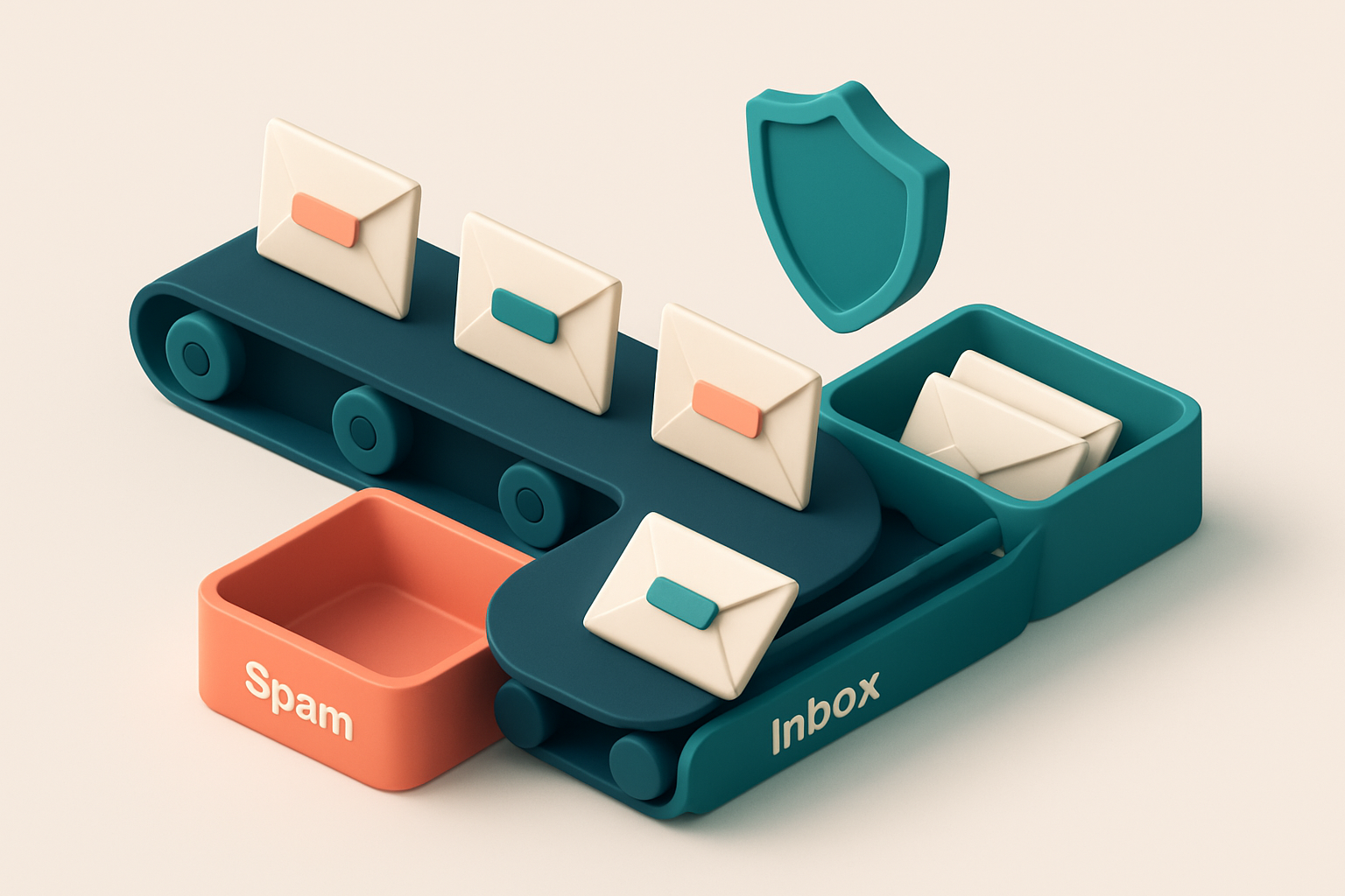 An isometric email inbox with envelopes labeled 'Invalid', 'Catch-all', 'Risky', and 'Valid' being sorted by a conveyor