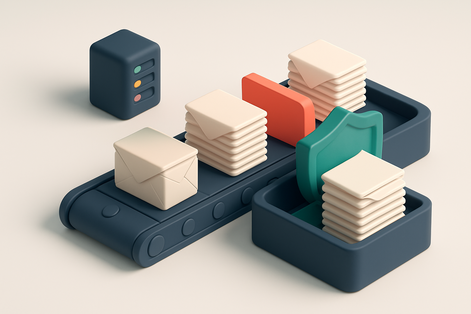 An isometric email inbox with a conveyor belt feeding in labeled envelopes marked 'Valid', 'Invalid', 'Risky', and 'Catc