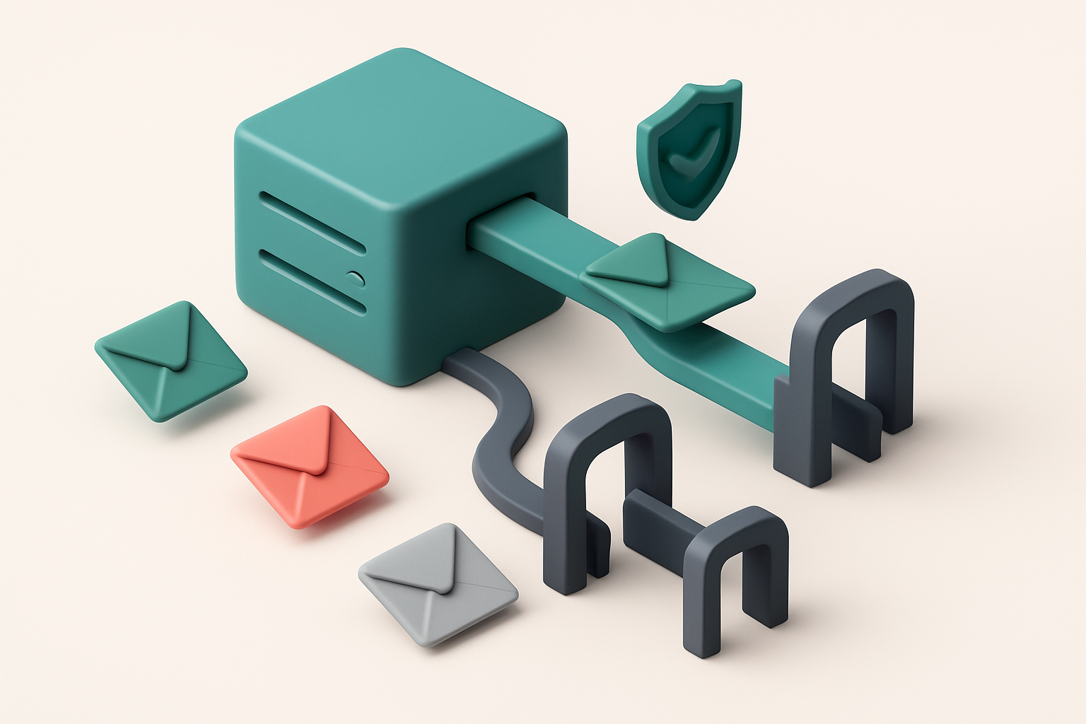 An isometric email server with multiple colored envelopes being routed through labeled gates: green for 'delivered to in