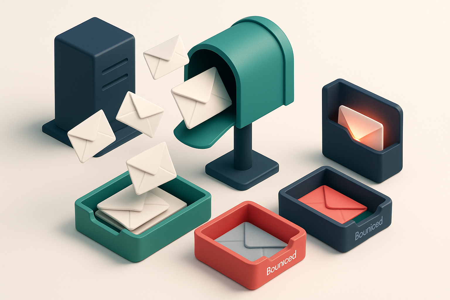 an isometric view of a digital mailbox with envelopes flying in from a central server, some landing in a green 'inbox' t