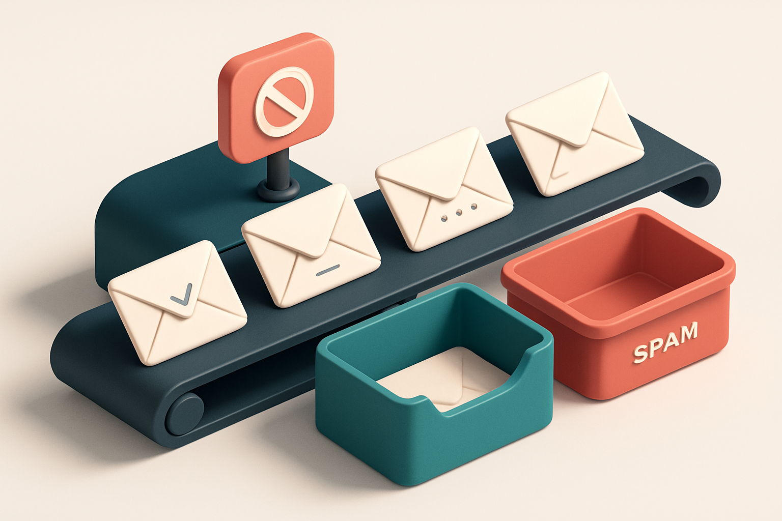 An isometric illustration showing a conveyor belt carrying envelopes labeled with different verdicts—'valid', 'catch-all