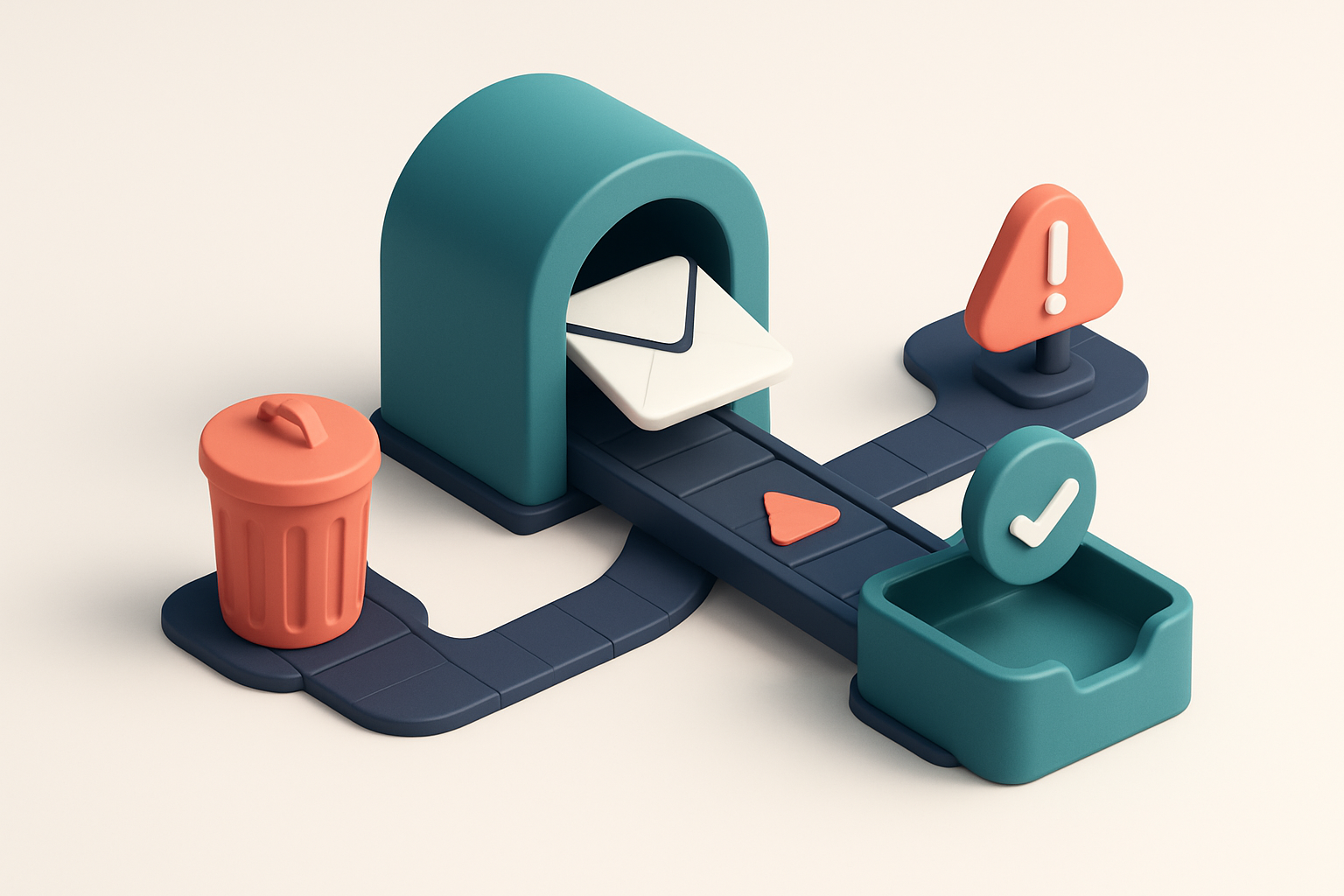 An isometric view of a digital mailbox with three labeled conveyor belts: one labeled 'Invalid' leading to a red trash c