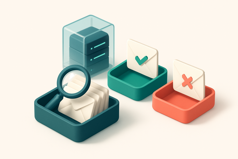 An isometric email inbox with envelopes being sorted onto a green 'valid' tray and a red 'invalid' tray, a magnifying gl