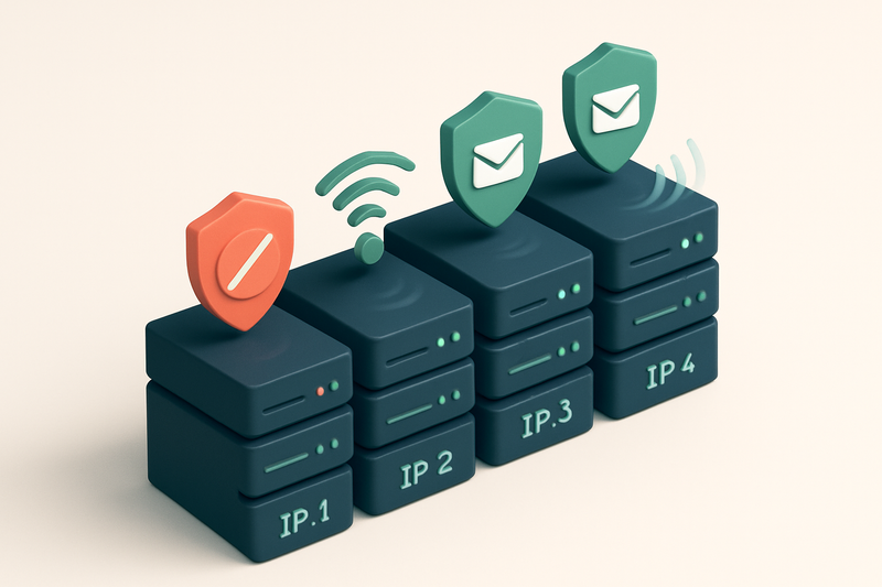 An isometric email server rack with labeled IP addresses on each node, each emitting a small signal wave that increases