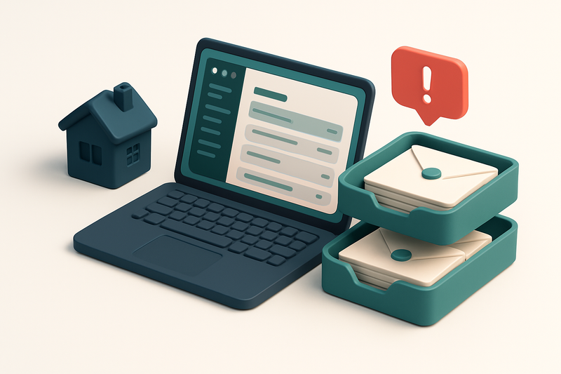 Hero: a 3D isometric scene of a real estate agent’s desk with a laptop displaying a clean email dashboard, a stack of en