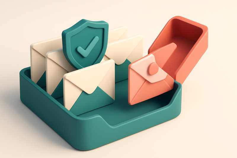 An isometric email inbox filled with envelopes labeled 'Gmail', 'Outlook', and 'Apple Mail', each being scanned by a dig