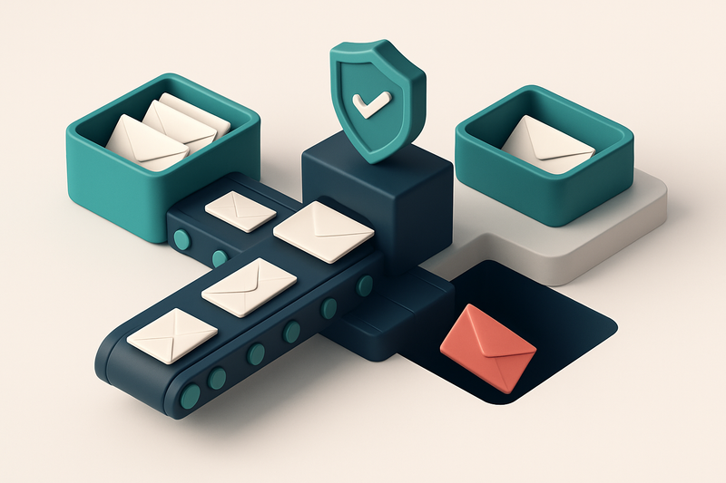 An isometric illustration of a conveyor belt carrying envelopes from a 'purchased list' bin to a 'verification station'