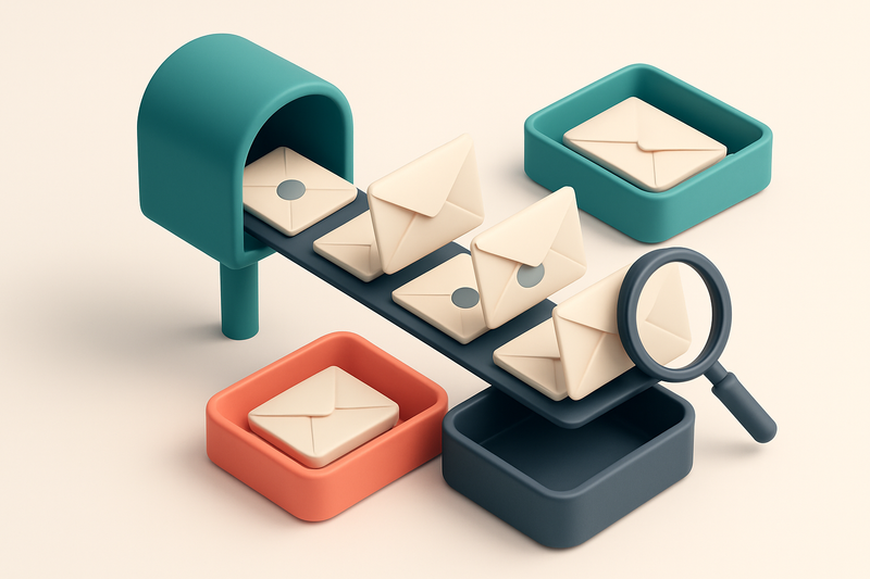 An isometric illustration of a 3D mailbox stack with envelopes labeled 'valid', 'catch-all', 'role', and 'invalid' — eac