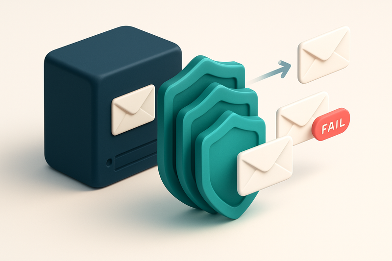 An isometric view of a secure email server with multiple layered shields (representing SPF, DKIM, DMARC) stacked in fron