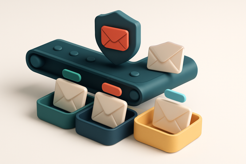 A 3D isometric illustration of an email inbox with envelopes labeled with different status tags—green 'valid', red 'inva