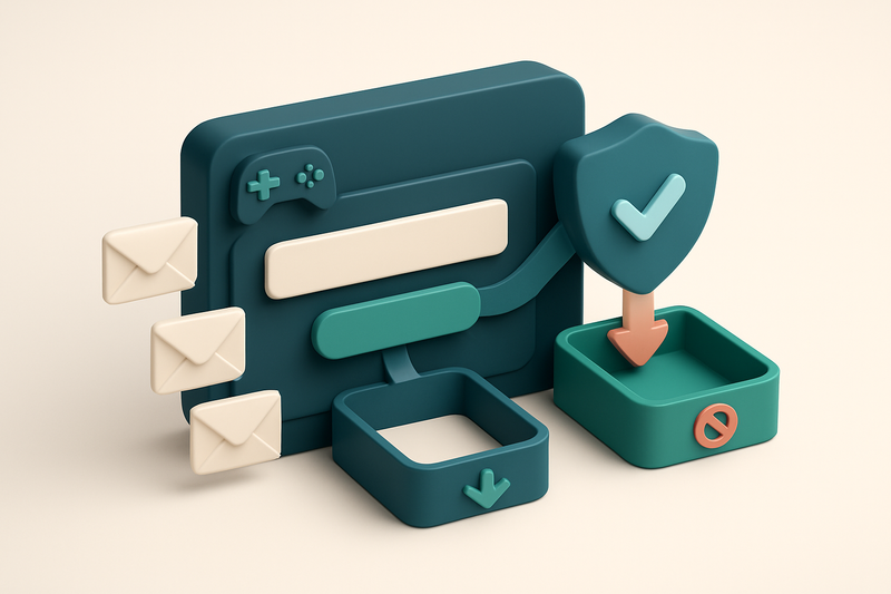 an isometric email form on a game dashboard, with user inputs flowing into a shielded verification gateway; valid emails