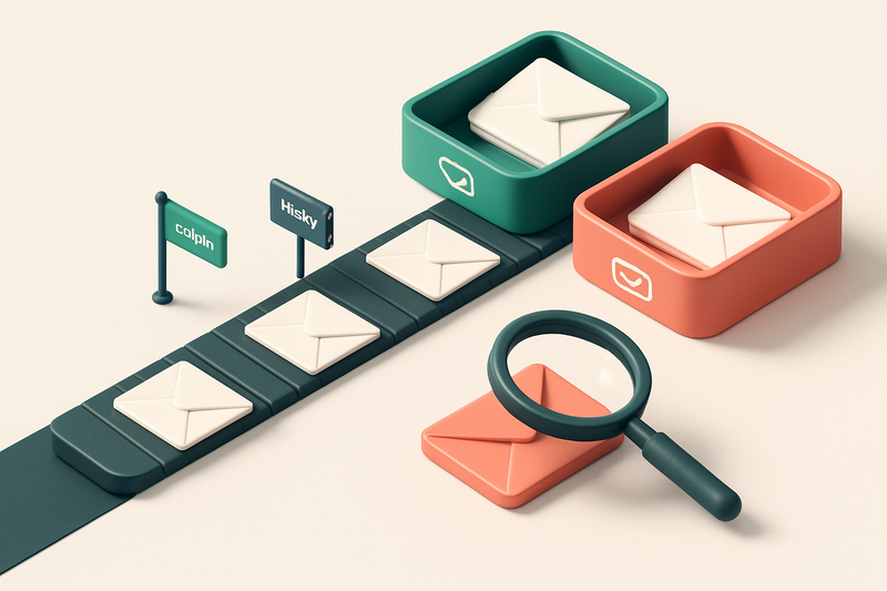 An isometric email inbox with envelopes being sorted onto a green 'valid' tray and a red 'invalid' tray, a conveyor belt