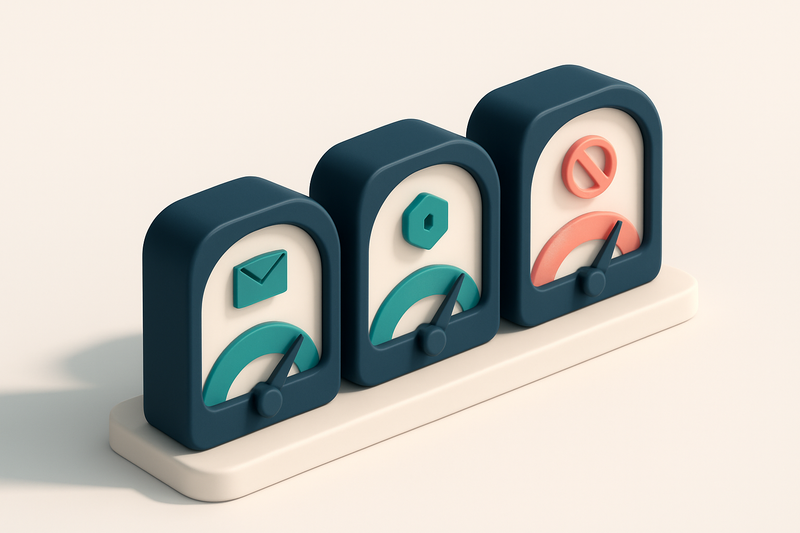 a row of three gauges showing inbox, spam, and blocked statuses