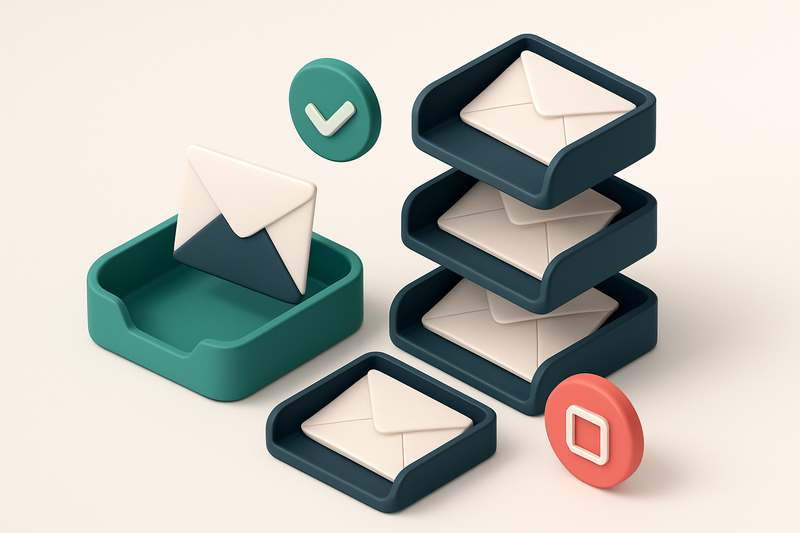 An isometric inbox with envelopes labeled 'valid', 'risky', 'catch-all', and 'invalid' being sorted onto separate trays,