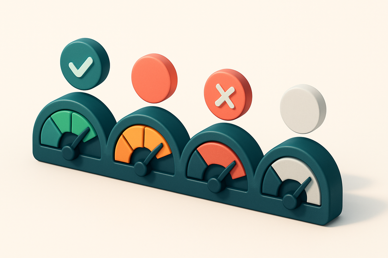 a row of four gauges showing validation status (green, yellow, red, gray)