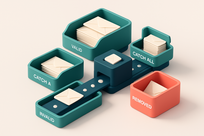 An isometric email inbox stacked with envelopes labeled 'valid', 'duplicate', 'catch-all', and 'invalid'. A conveyor bel