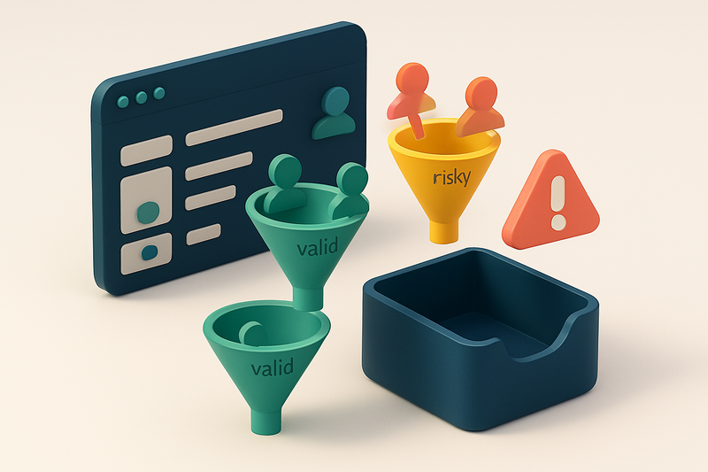 A 3D isometric scene showing a Freshsales CRM dashboard with lead records flowing into a green 'valid' funnel and a red