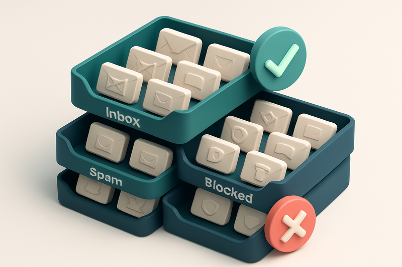An isometric email inbox with 18 different envelope icons—each labeled with a provider name like Gmail, Outlook, and Pro